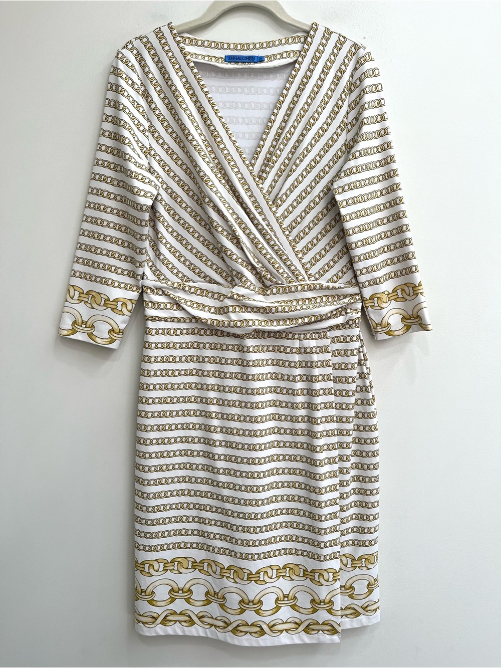 J. McLaughlin Brea faux wrap dress white gold chain pattern Catalina Cloth M